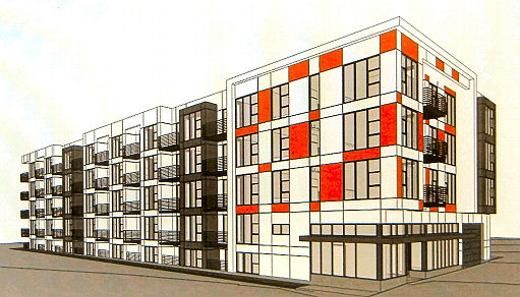 This is a rendering of the 111-unit apartment complex to be built on the former U.S. Bank drive-up-ATM lot. The drawing was shared with neighbors in February, in a �Zoom� online meeting.