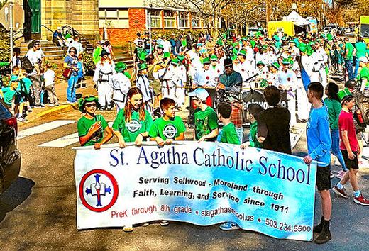 The informal, open-to-all 2024 St. Agatha Catholic Church and School St. Patricks Day Parade was ready to start its march through Sellwood and Westmoreland right at noon.