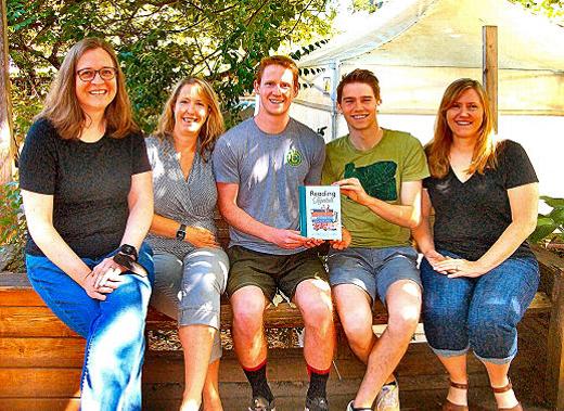 Here are half of the ten Inner Southeast authors of the new book �Reading Together�. From left: Ann Delahanty, Michelle McCann, Ronan McCann, Owen Lowe-Rogstad, and Dana Lowe-Rogstad. They were photographed at the book�s launch party on July 16th.